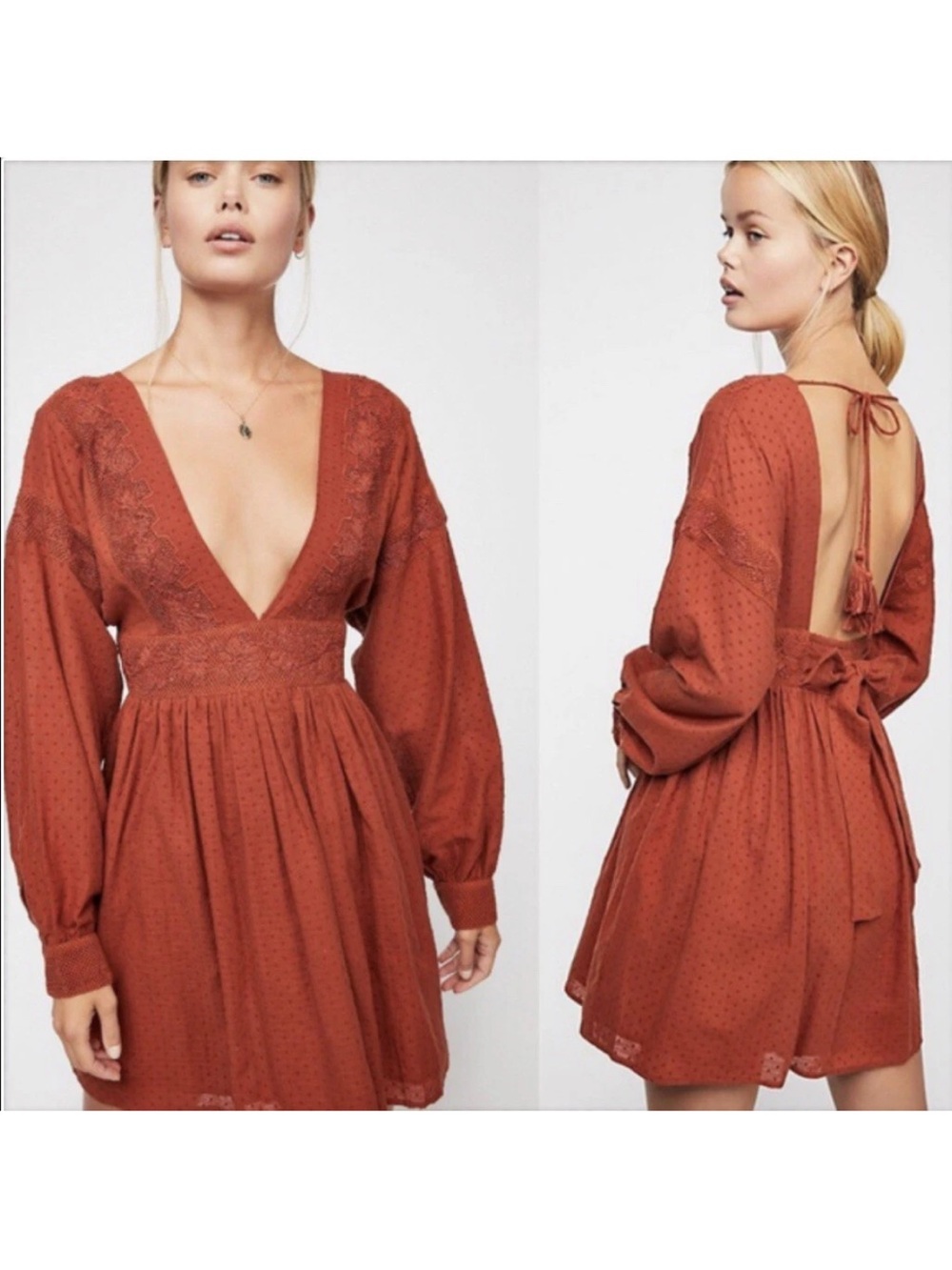 NWT Free People Sugarpie Cinnamon Rust Orange Deep V-Neck Crochet Dress